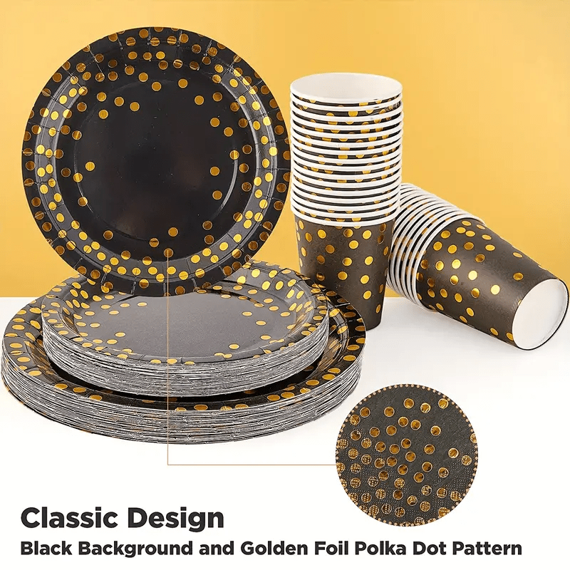 175PCS Black and Gold Party Supplies, Severs 25 Disposable Party Dinnerware,  Gold Plastic Forks Knives Spoons and Golden Dot Black Paper Plates, Black  Napkins Cups for Graduation, Birthday, Wedding
