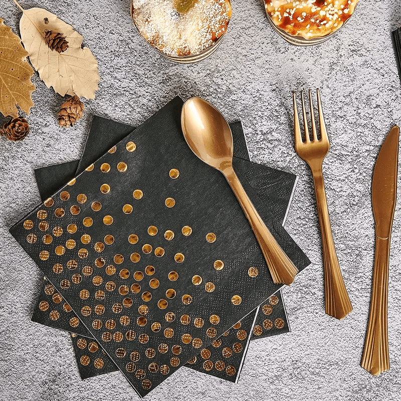 175PCS Black and Gold Party Supplies, Severs 25 Disposable Party Dinnerware,  Gold Plastic Forks Knives Spoons and Golden Dot Black Paper Plates, Black  Napkins Cups for Graduation, Birthday, Wedding