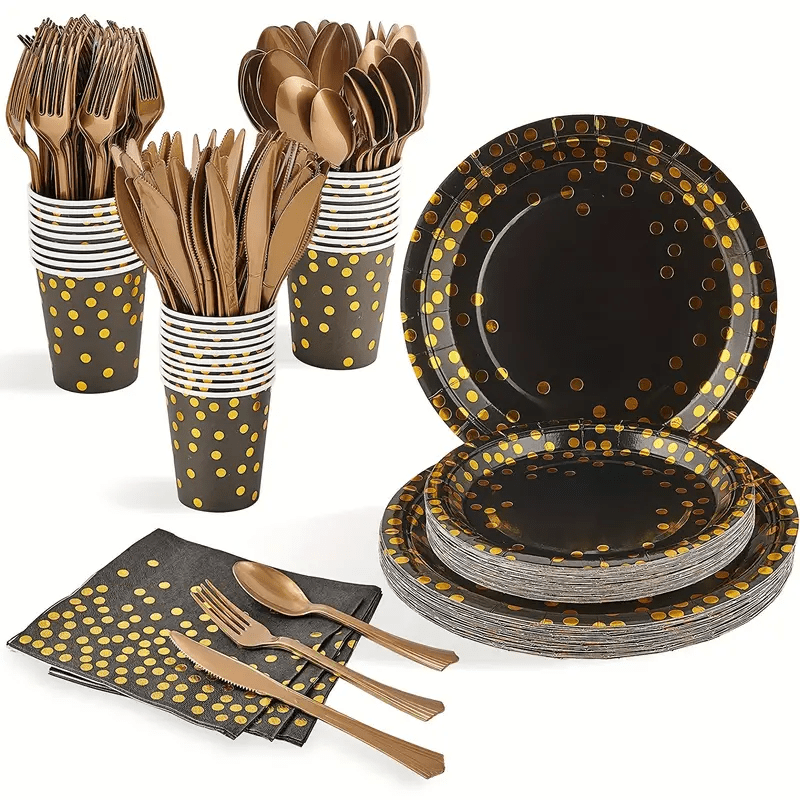 175PCS Black and Gold Party Supplies, Severs 25 Disposable Party Dinnerware,  Gold Plastic Forks Knives Spoons and Golden Dot Black Paper Plates, Black  Napkins Cups for Graduation, Birthday, Wedding