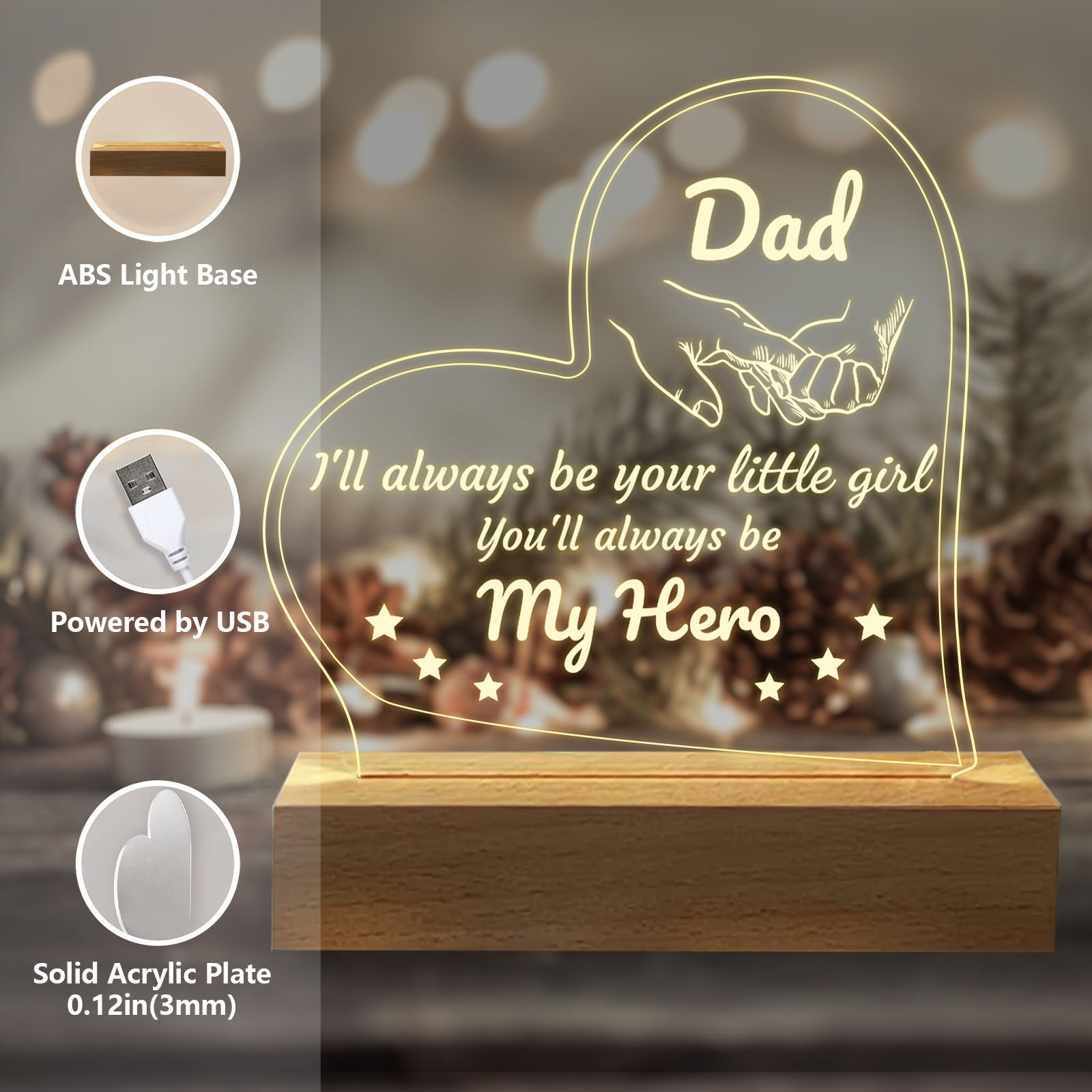 SOUHONEY Dad Birthday Gift from Daughter Son Acrylic Night Lights 5.9 Inch  Engraved USB Low Power Night Lamps, Idea Dad Him Gifts for Birthday Wedding