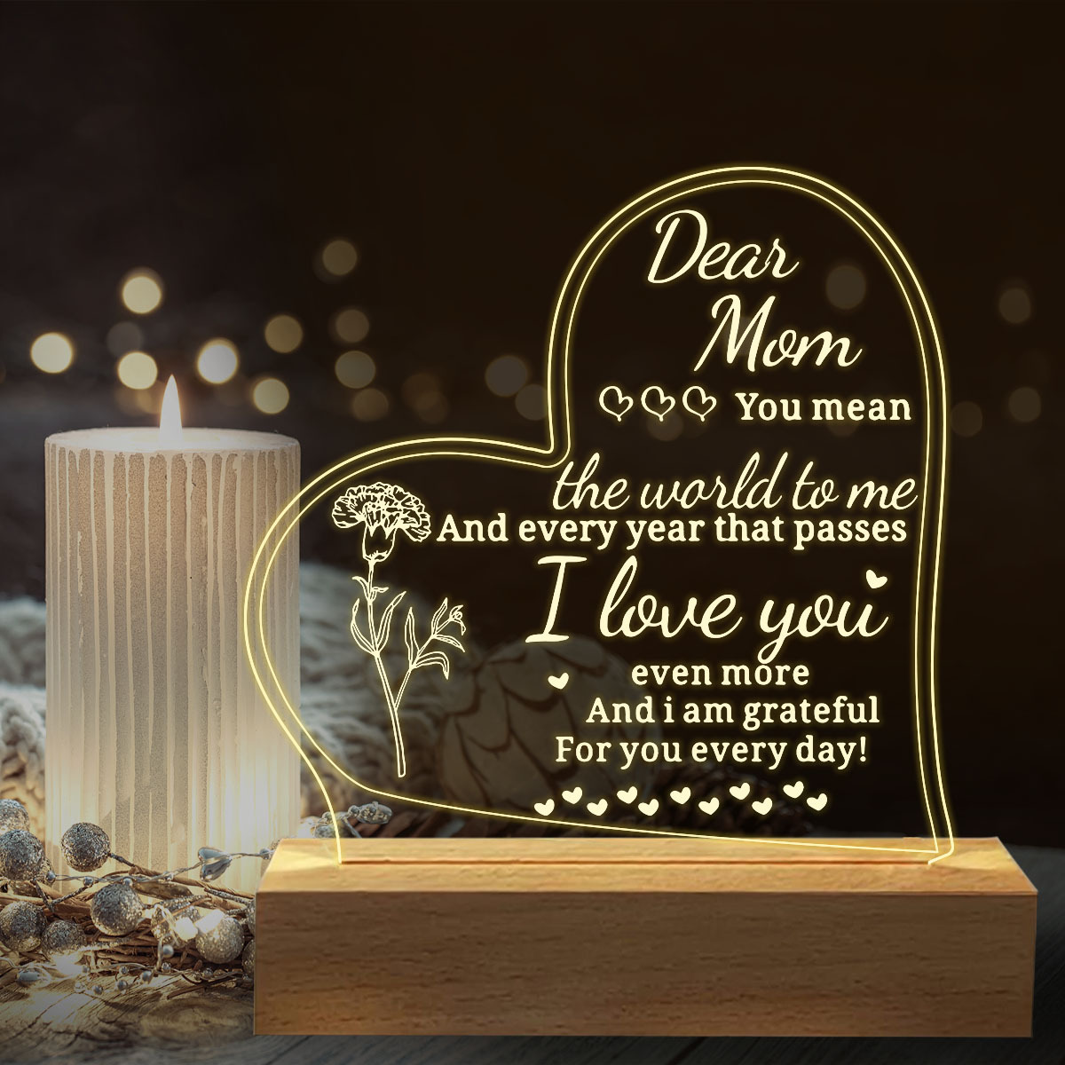 1pc, Wooden Stand Heart Shape Led Engraved Night Light for Mom,  Thanksgiving Gifts, Christmas Gifts, Special Gifts