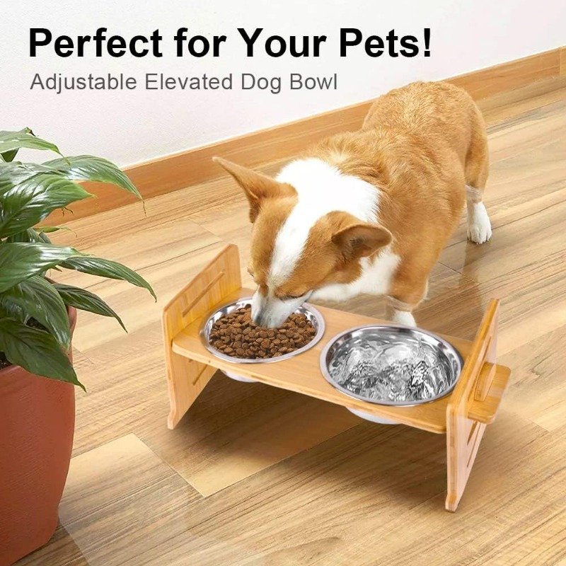 Wooden Raised dog Feeder with 2 Stainless Steel Bowl - Dog bowl stand –  BearwoodEssentials-Elevated Pet Feeders