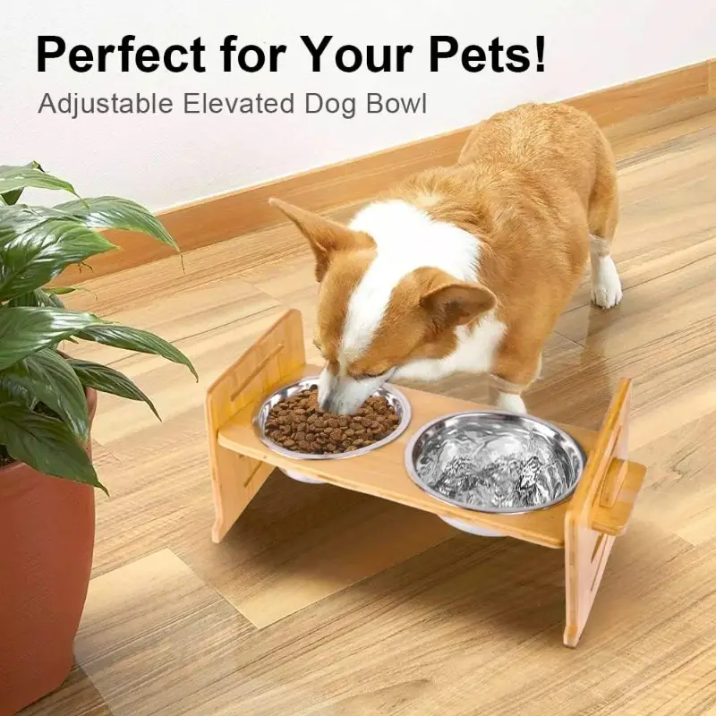 Elevated Wooden Dog Bowl Stand With 2 Stainless Steel Dog Bowls, 4 Heights  Adjustable Dog Feeder Stand With Food And Water Bowls For Neck Protection -  Temu