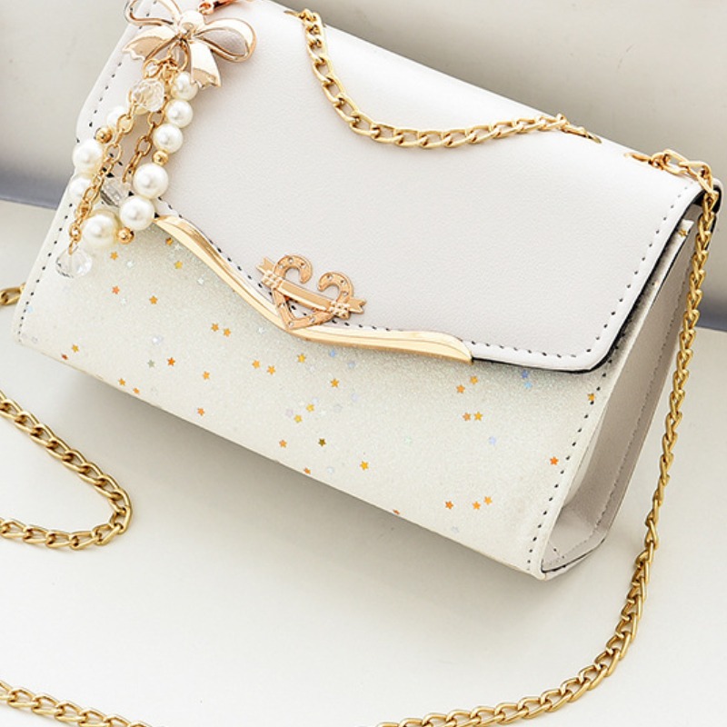 Star Pattern Bow & Faux Pearl Decor Chain Flap Square Bag