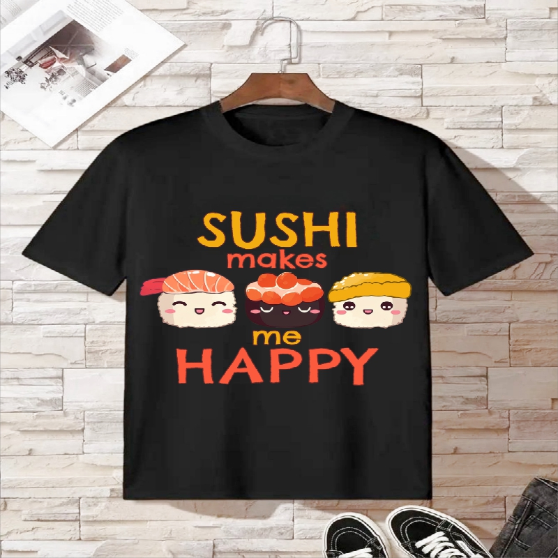 

Men's 'sushi Makes Me Happy' Letter Print T-shirt, Casual Comfy Slightly Stretch Crew Neck Tee, Men's Clothing For Summer Outdoor