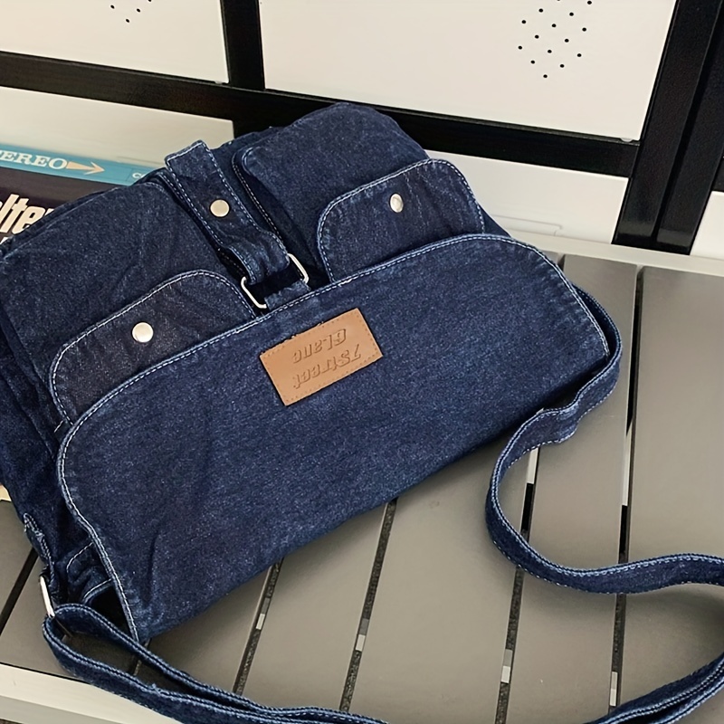 Casual Blue Denim Shoulder Bag For Women Multi-pocket Crossbody Bag  Classical Messenger Handbag Retro Satchel Bag Casual Purse