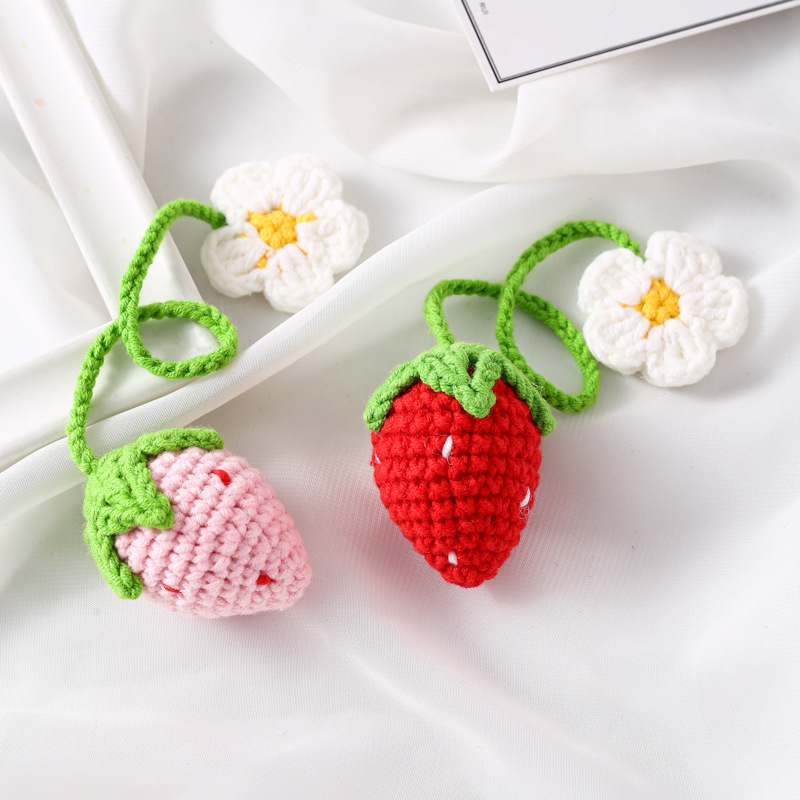 Cute Strawberry Crochet Car Mirror Hanging Accessories Decor - Temu