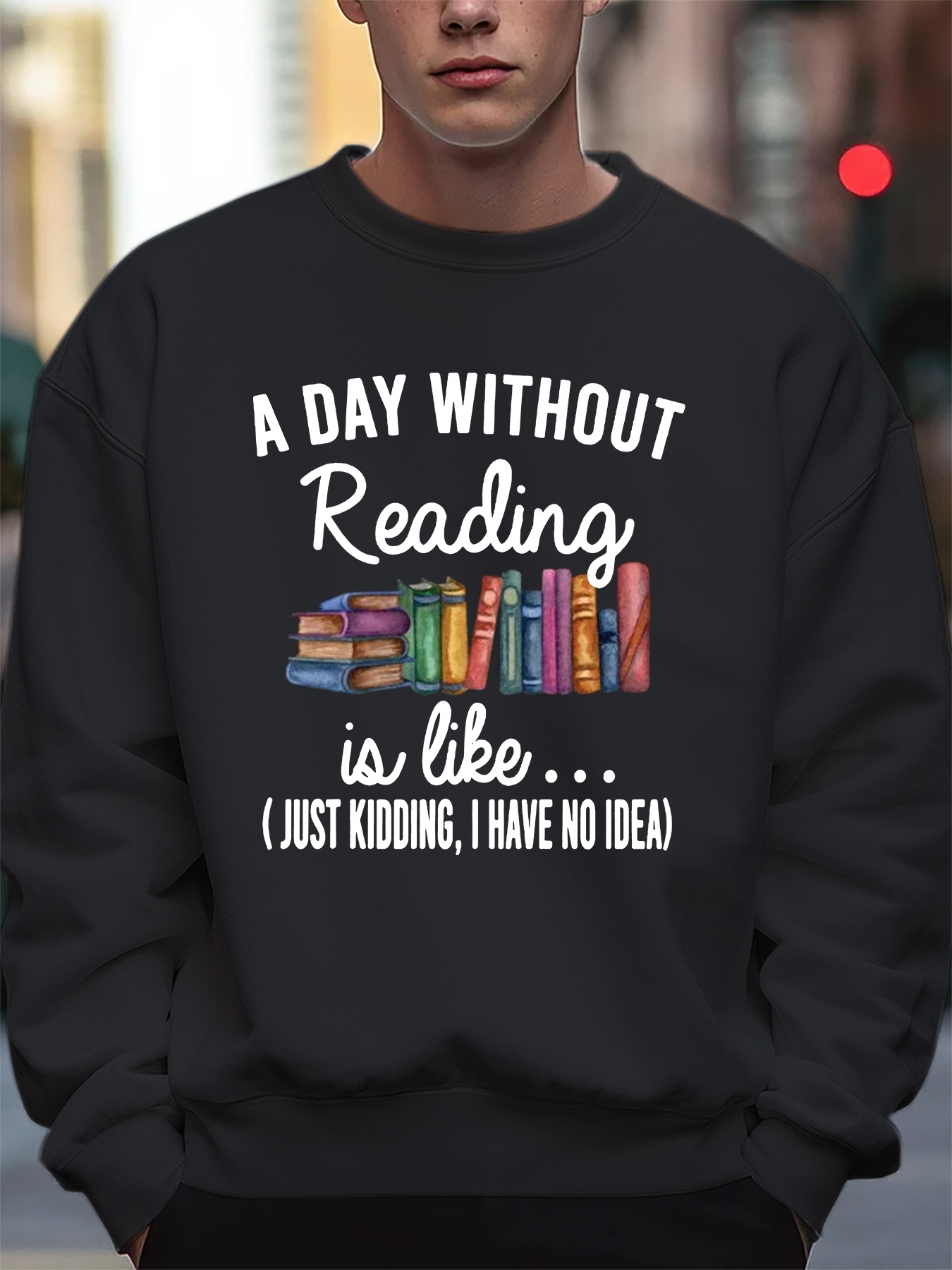 A DAY WITHOUT READING Book Pattern Print Trendy Sweatshirt Men s Casual Graphic Design Slightly Stretch Crew Neck Pullover Sweatshirt For Autumn Wi