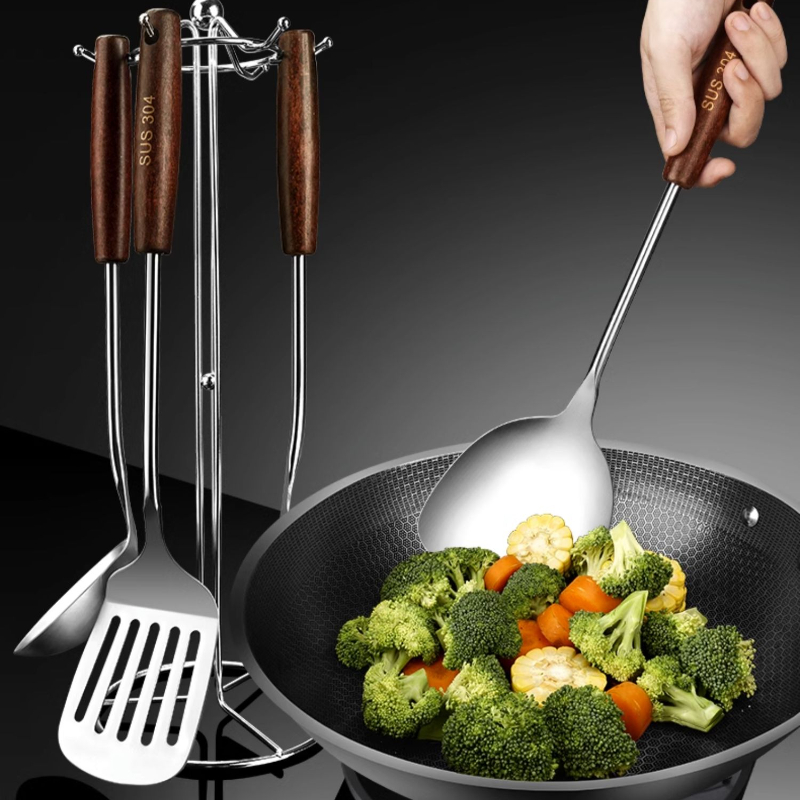 Juego de utensilios de cocina de acero inoxidable 304, 6 cucharas de cocina  profesionales de metal, herramientas de cocina, espátula wok, cucharón