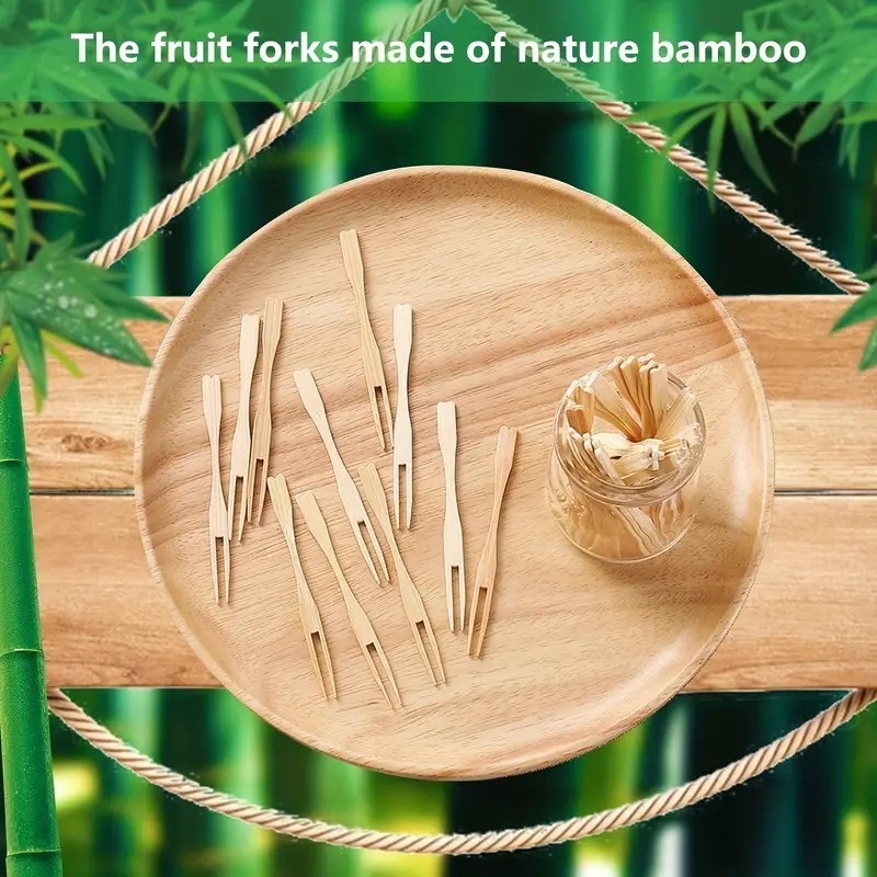 100pcs Disposable Fruit Fork Set Dessert Fork Heart Gourd Bamboo Flat Wood