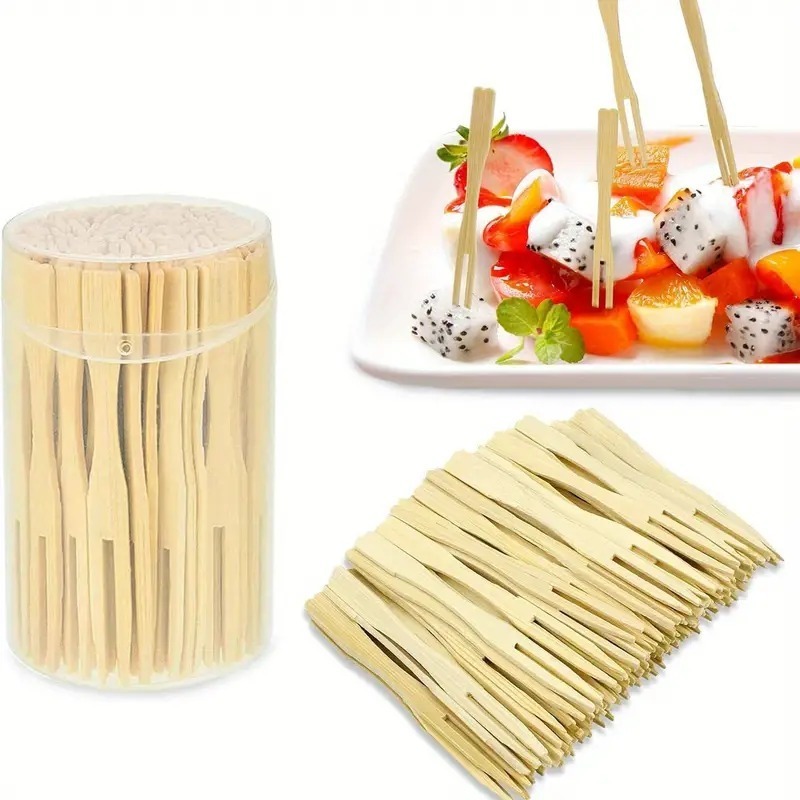 100pcs Disposable Fruit Fork Set Dessert Fork Heart Gourd Bamboo Flat Wood