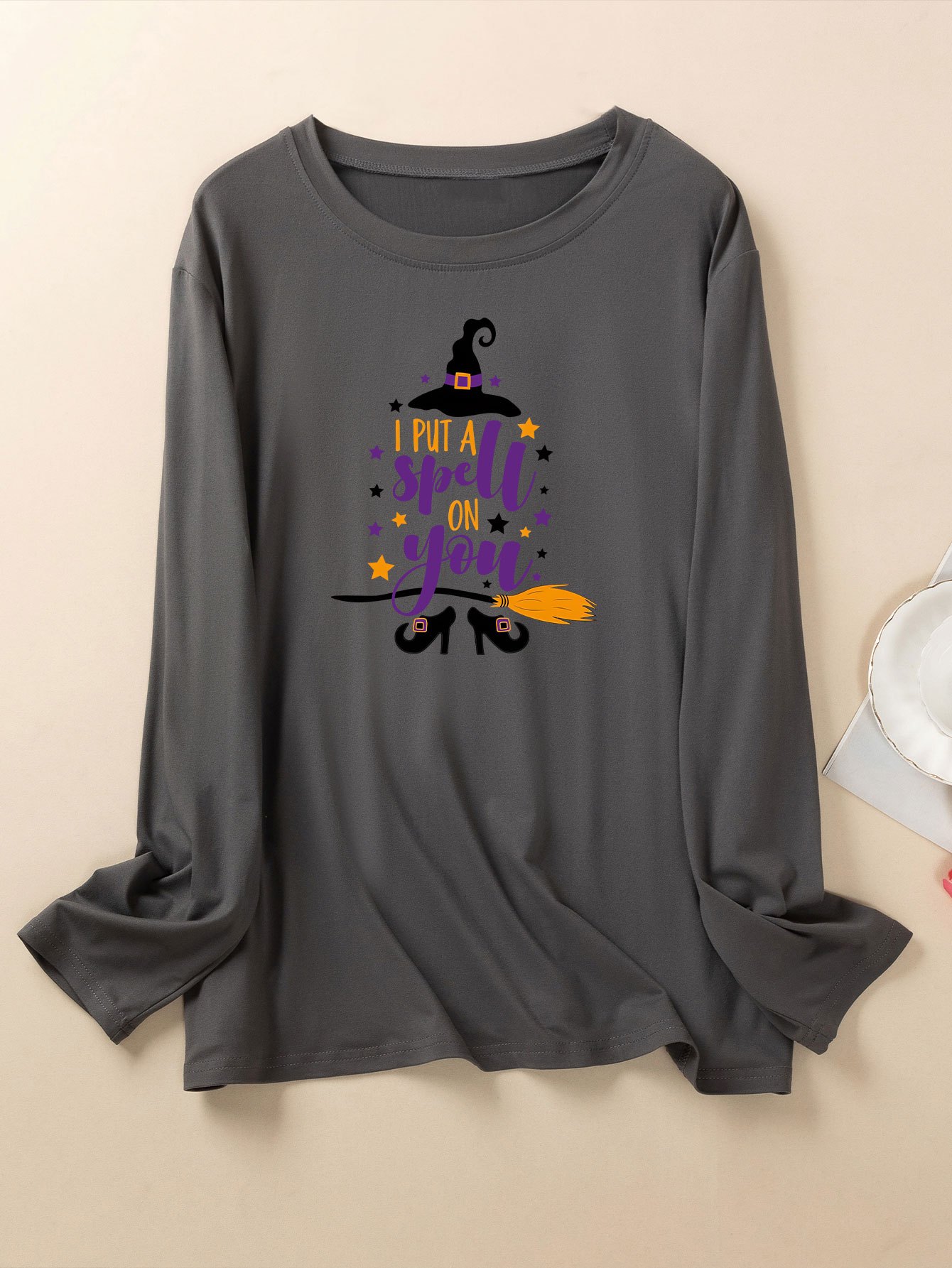 Women's Plus Size Halloween Lounge Witch Hat & Broom Print Long Sleeve Top