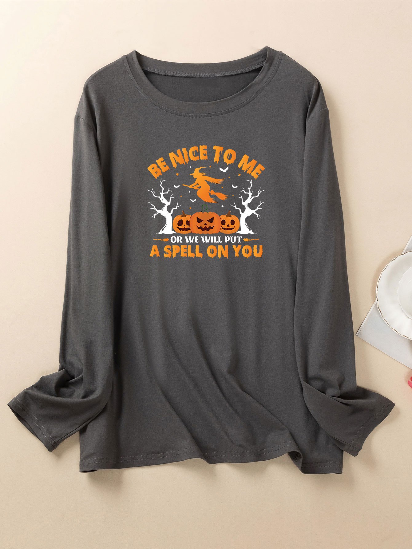 Halloween Lounge Top Witch & Pumpkin Print Long Sleeve