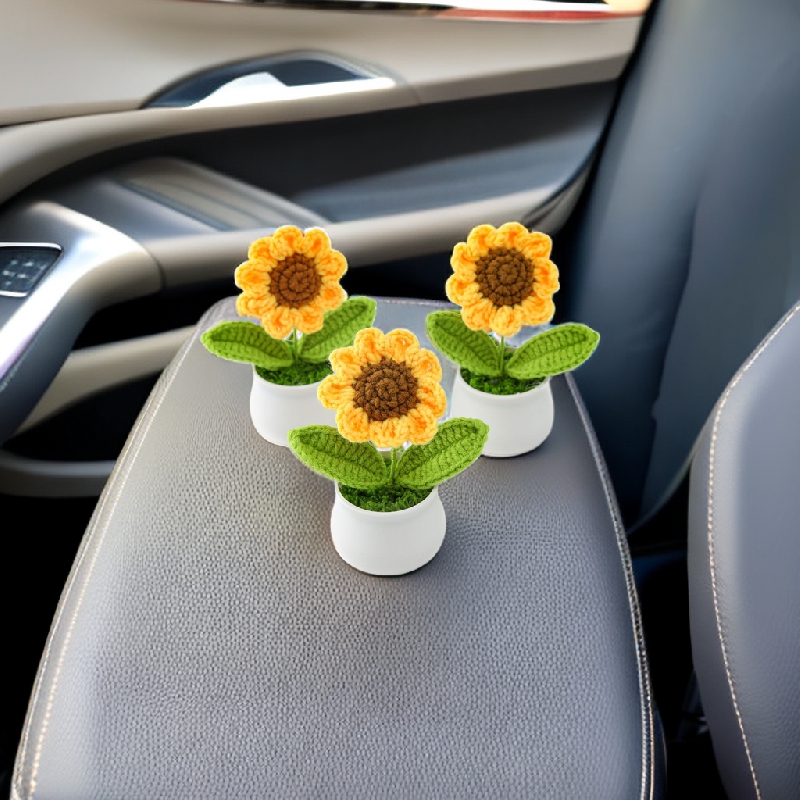 

Vintage Crochet Sunflower Pots: Nostalgic Car Accessories For Your Dashboard