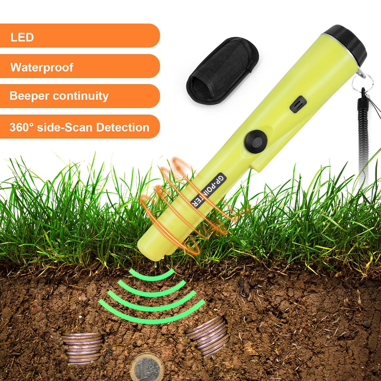 Fully Waterproof Pinpoint Metal Detector Pinpointer - Stick Include a 9V  Battery 360 Search Treasure Pinpointing Finder Probe with Belt Holster for