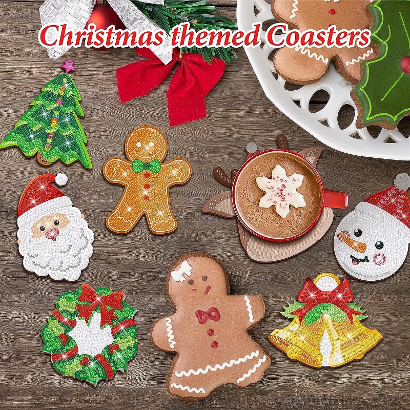 6Pcs DIY 5D-Diamond Painting Coaster Kit with Snowman and Santa Claus Xmas  Themes for Glassware Coasters 