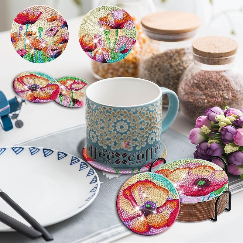 Rose Diamond Painting Art Coasters With Holder Flower - Temu