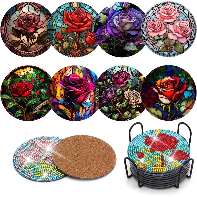 Rose Diamond Painting Art Coasters With Holder Flower - Temu
