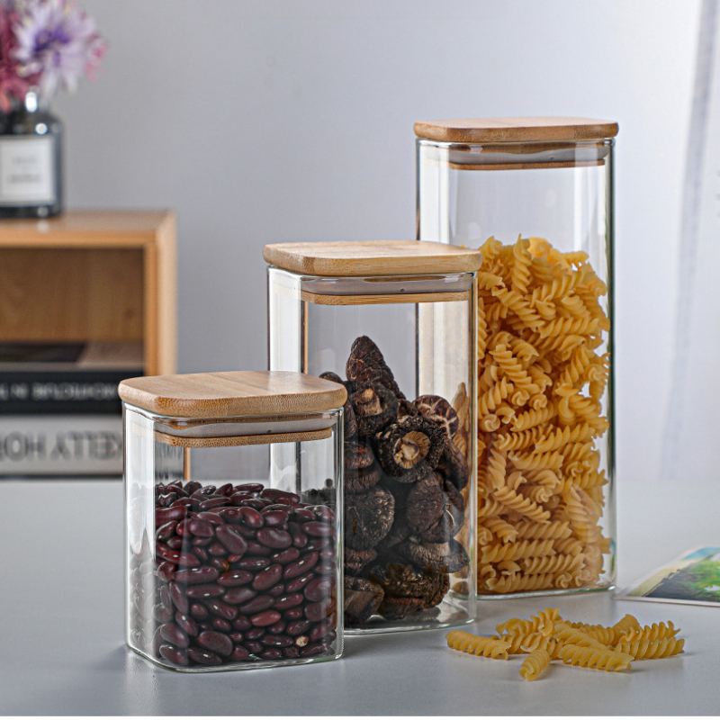 Food Canister Borosilicate Glass Square Shape Storage Jar with