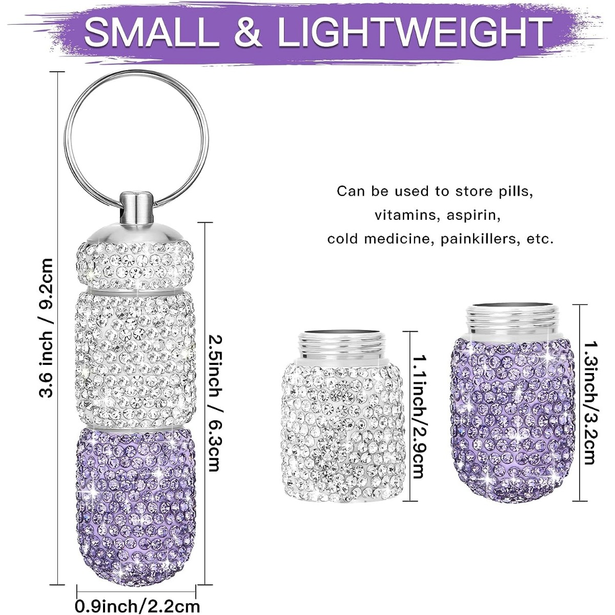 Acheter Tingml Bling Pill Bottle Porte-clés Étui de voyage Boîte de  capsules en cristal Organisateur portable