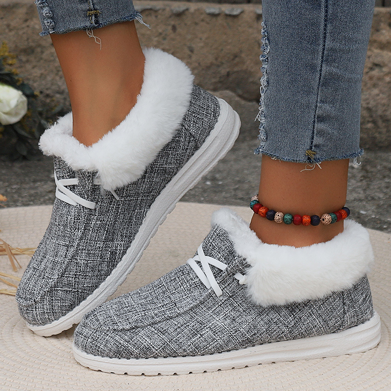 

Women's Fluffy Plush Lined Canvas Shoes, Solid Color Slip On Flat Loafers, Winter Warm & Cozy Low Top Shoes