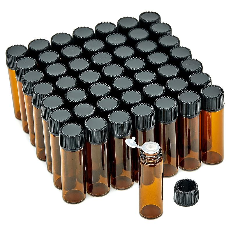 

100pcs 5ml Glass Vials, Amber Liquid Sample Bottle With Screw Caps & Orifice Reducer, Can Be Used In Labs And Essential Oil Storage - Travel Accessories
