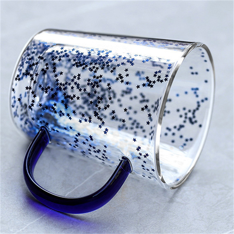 Star Double Wall Glass Coffee Mug with Beautiful Sequins Bubble