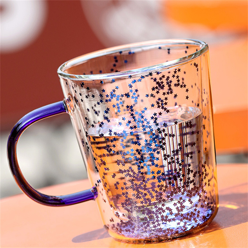 Star Double Wall Glass Coffee Mug With Beautiful Sequins Bubble