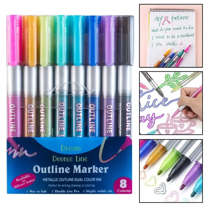 8 Colors Metallic Double Lines Art Markers Out Line Pen - Temu