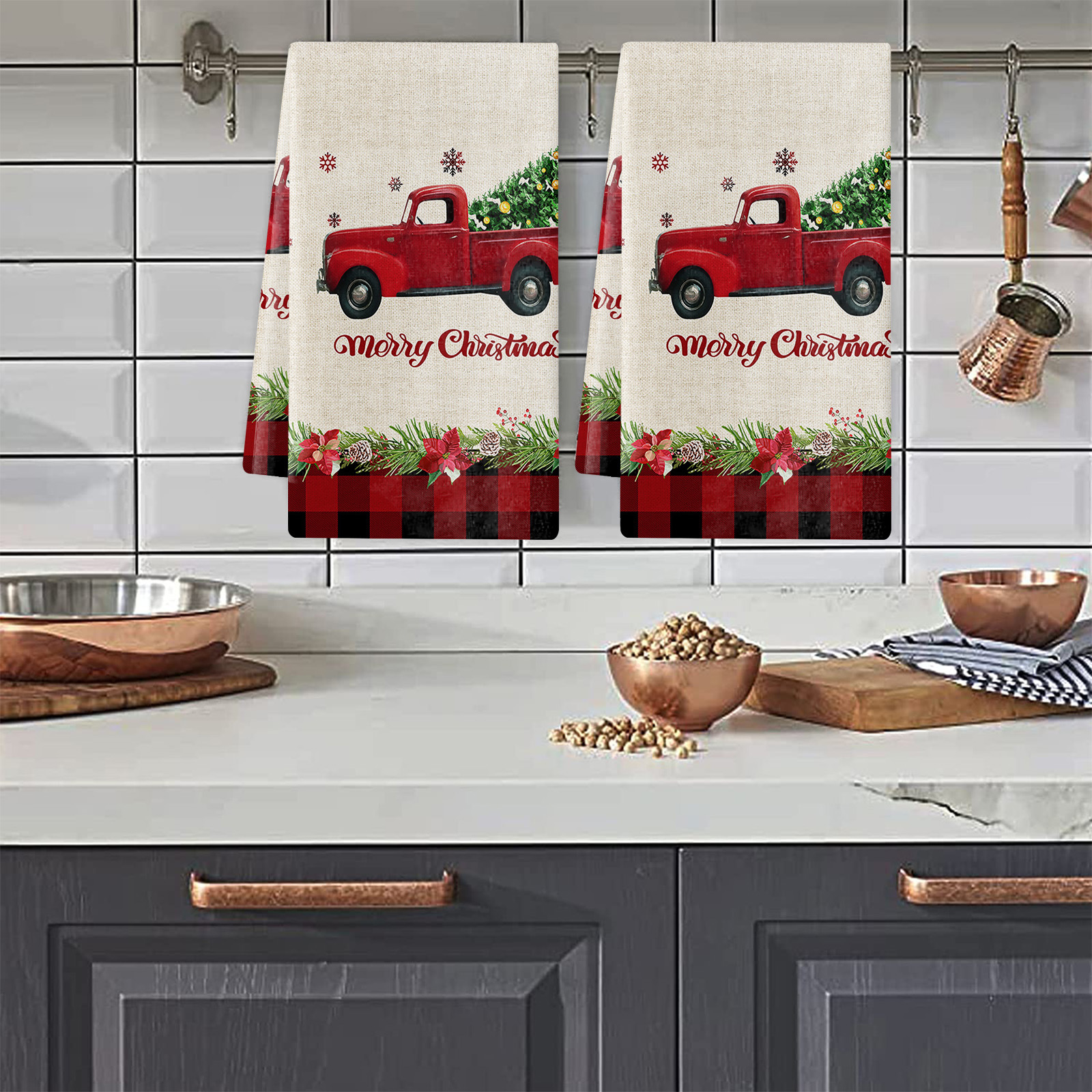 DII Juego de toallas de cocina decorativas de Navidad vintage, 18 x 28  pulgadas, a cuadros, poste norte, 2 piezas