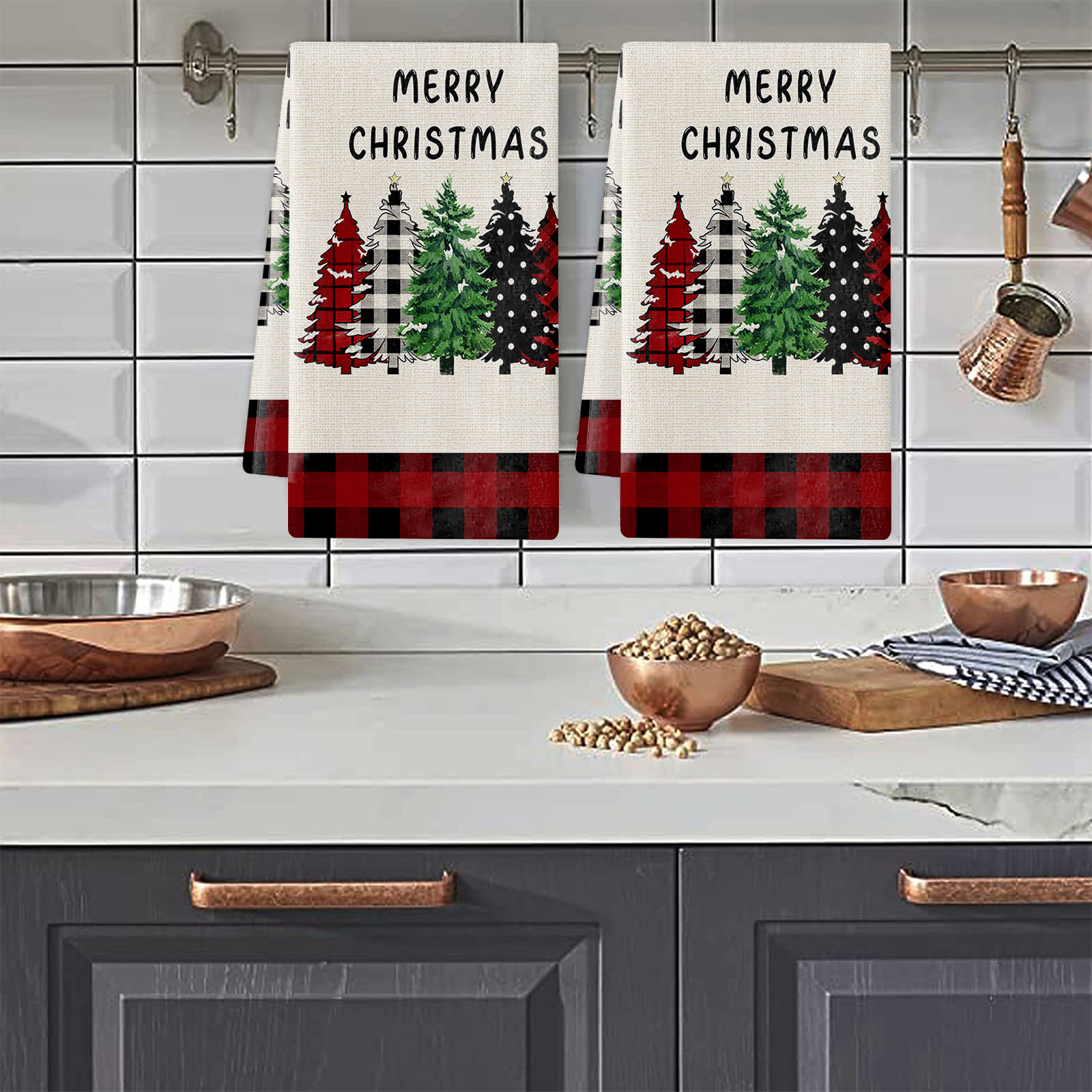 Decorative Dish Towels, Christmas Decor Plaid Kitchen Dish Towel