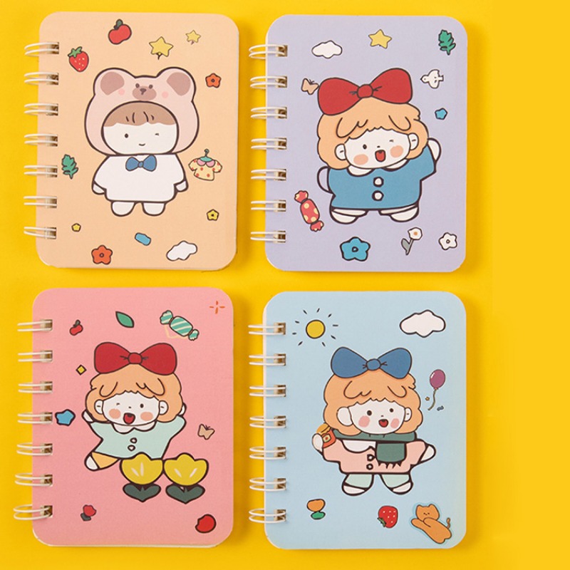 4pcs Mini Cartoon Mini Notebook Diary Book Portable Notepad Pocket Travel  Journal Notebook (Pink + Yellow + Gray + Black) 