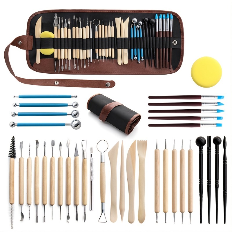 Blisstime 18PCS Clay Sculpting Tools, Basic Clay Pottery Carving Tool Kit  with Wooden Handles and Tool Bag