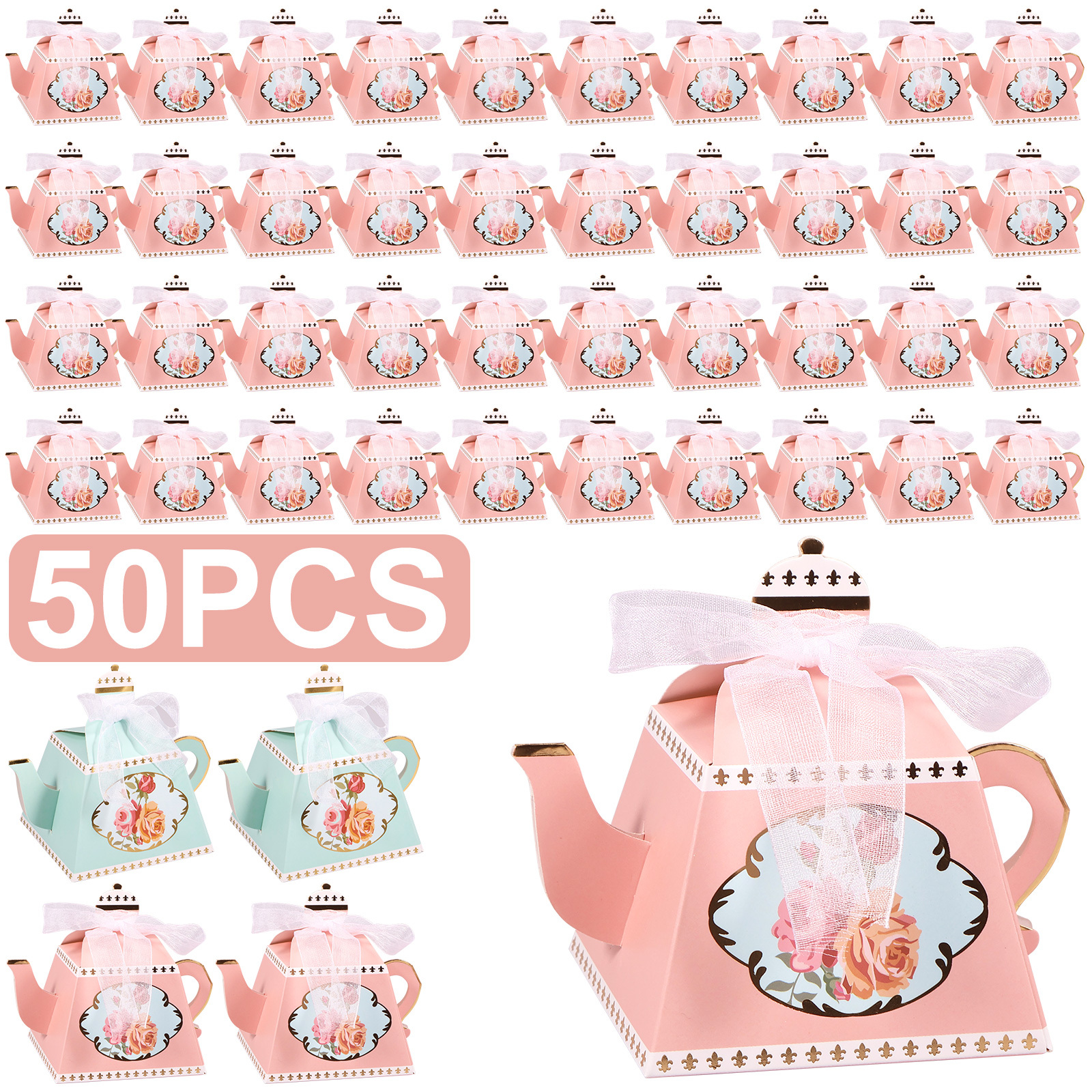 50pcs, Caja de dulces Teapot Vintage Floral Teapot Caja de papel  reutilizable Cajas de regalo de fiesta de té de flores rosa cielo lindas  bolsas