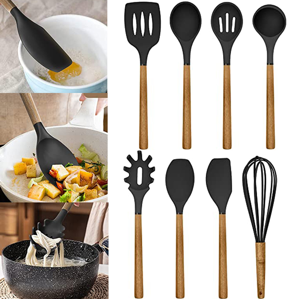 Silicone Utensil Set, Kitchen Utensil Set, Safety Cooking Utensils Set,  Non-stick Cooking Utensils Set With Wooden Handle, Washable Modern Cookware,  Kitchen Stuff, Kitchen Gadgets, Kitchen Essentials, Chrismas Gifts,  Halloween Gifts - Temu