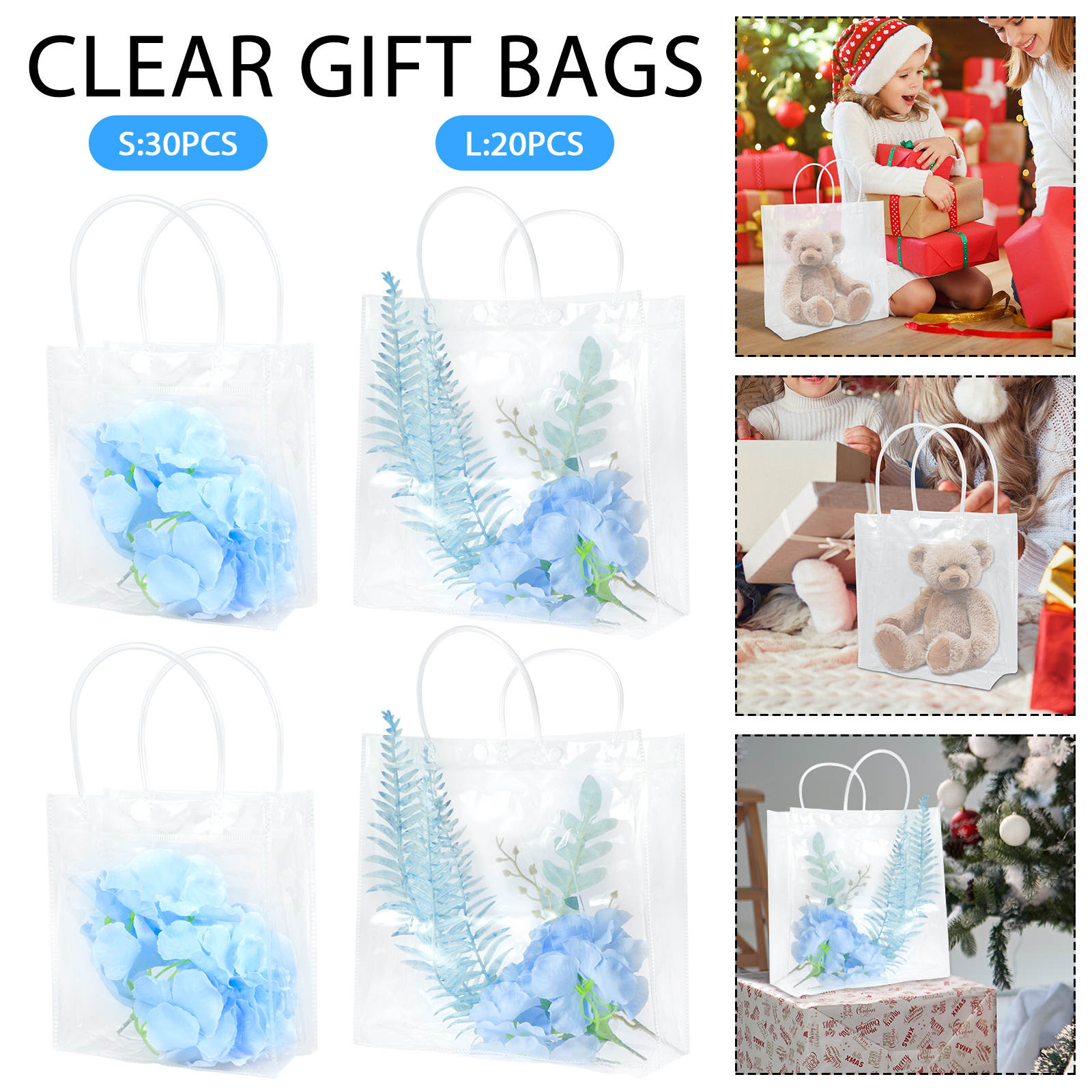 16 PCS Clear Plastic Gift Bags with Handle,Reusable Transparent PVC Plastic  Gift