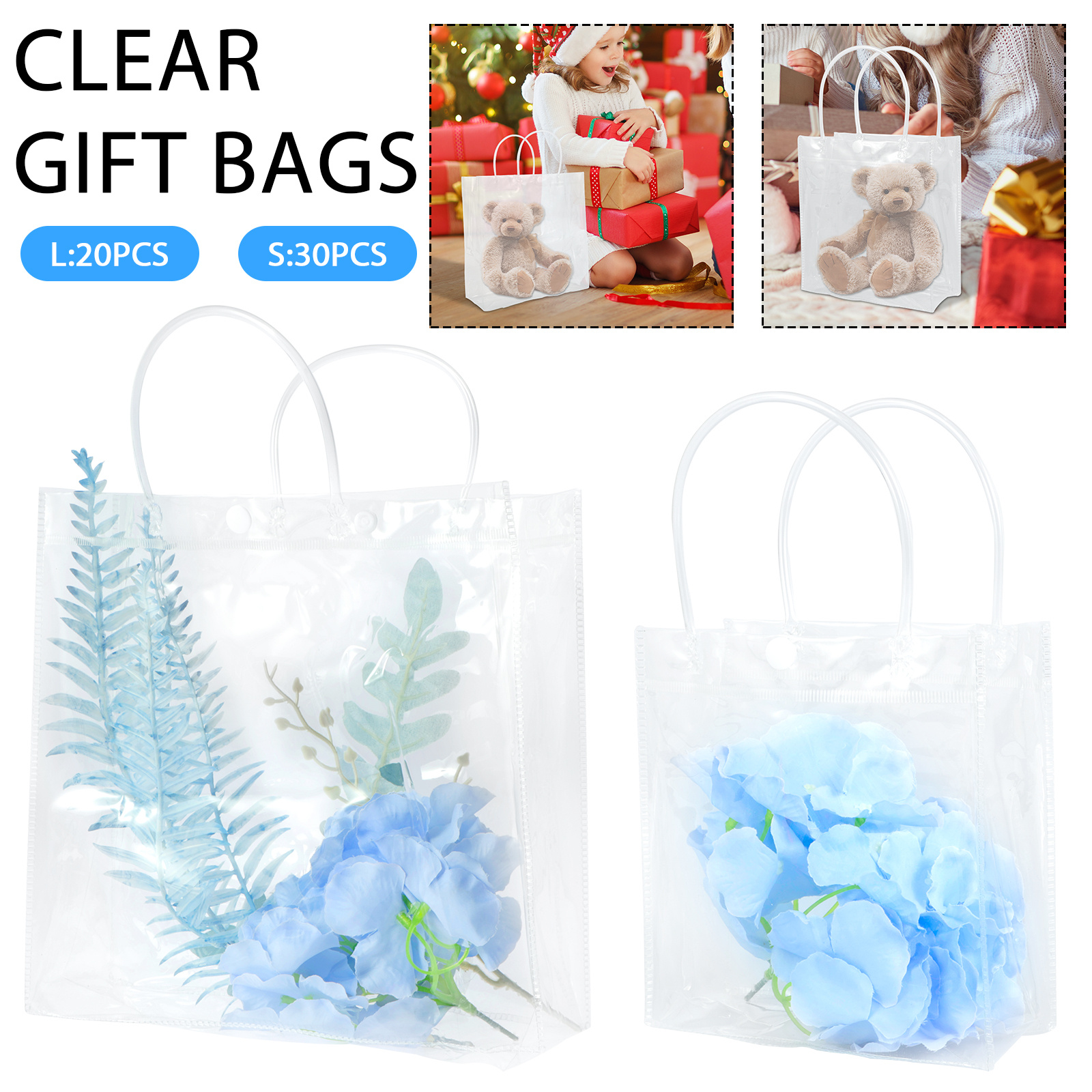 20pcs Clear Gift Bag, Transparent PVC Plastic Gift Wrap Tote Bag