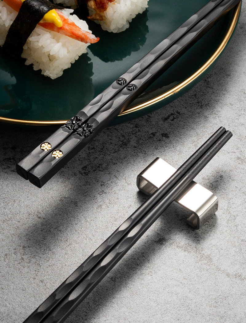 Black and Gold Japanese Luxury Reusable Metal Chopsticks Alloy Non-Slip  Sushi Chinese Gift | 5 Pair Set