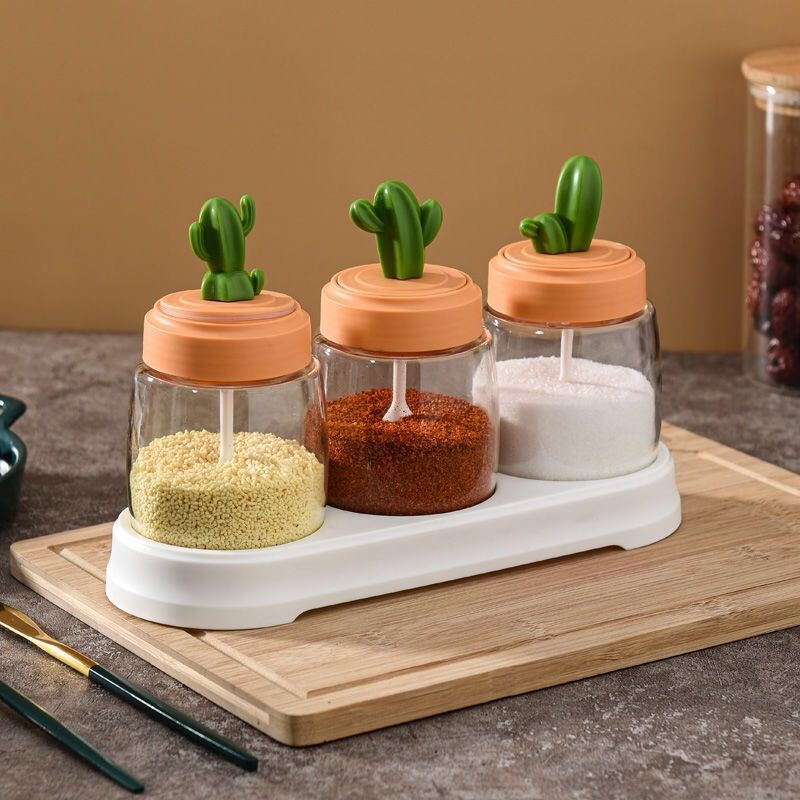 4pcs/set Glass Seasoning Storage Jars with wood base Kitchen Salt
