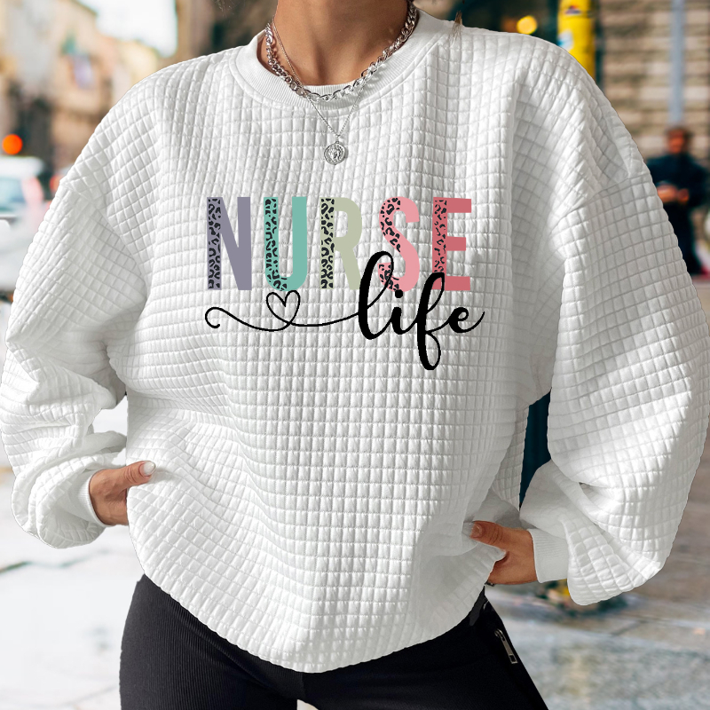 

Nurse Letter Print Waffle Sweatshirt, Crew Neck Casual Sweatshirt For Winter & Fall, Women's Clothing