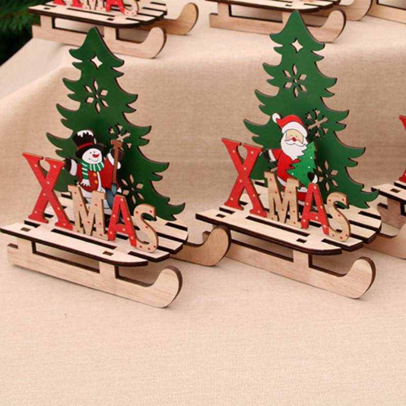 1pc Christmas Wooden Crafts, Holiday Assembly, Home Mini Sled Car Desktop  Decoration