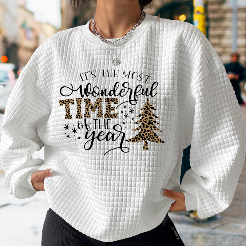 

Christmas Tree & Letter Print Waffle Sweatshirt, Casual Long Sleeve Crew Neck Sweatshirt, Women's Clothing
