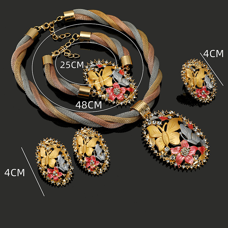 5pcs earrings necklace bracelet ring traditional bridal jewelry set 18k gold plated trendy butterfly flower design match daily outfits details 6