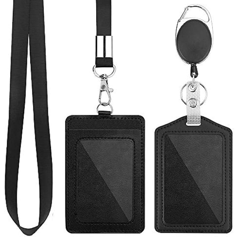 ID Neck Strap Lanyard, ID Card Holder & Retractable Reel Pass Badge  Holder Black