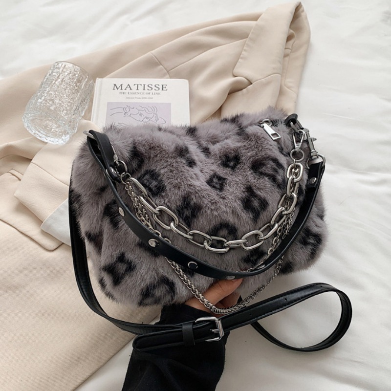 Fur Bag Fuzzy Purse for Girls ,Leopard Print Plush Handbag for Women,Small Shoulder Bags with Cool Chain,Fluffy Purse Crossbody with Adjustable