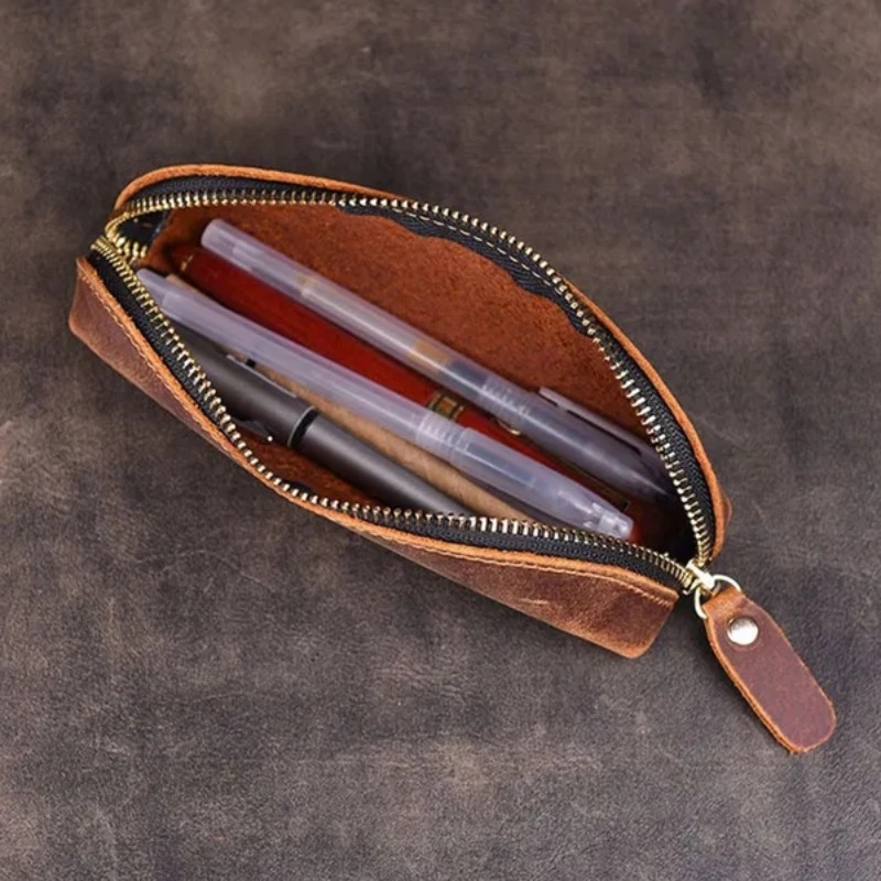 Leather Pencil Case Zipper Retro Pen Pouch For School Students