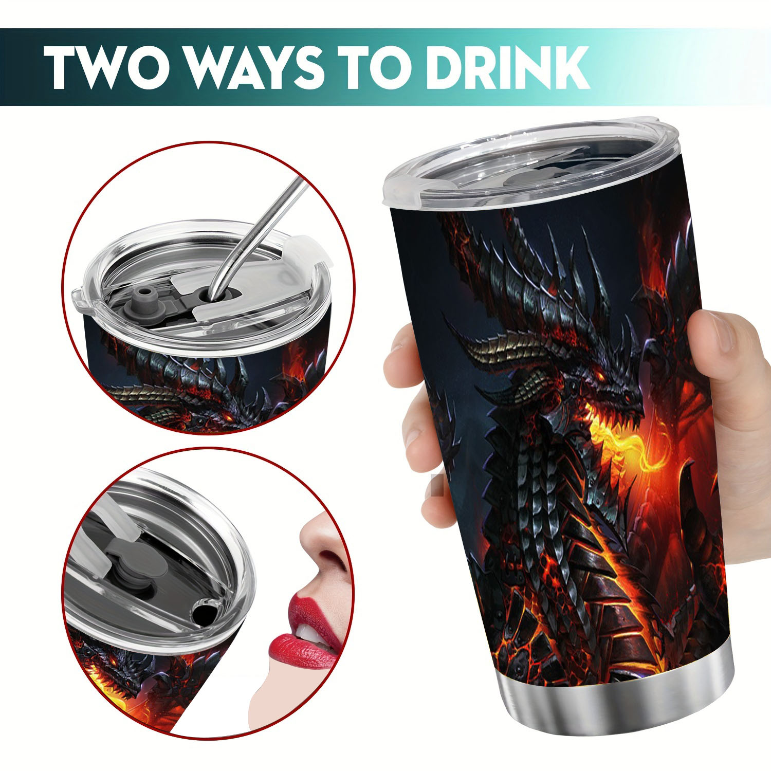 

1pc 590ml/20oz Black Dragon Printed Travel Mug, Stainless Steel Vacuum Insulated Coffee Cup, Portable Double Wall Bottle With Lid For Outdoor Sports, Fitness