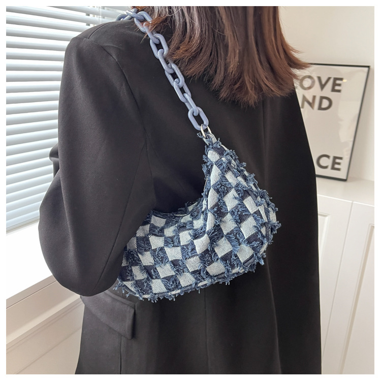 Plaid Pattern Denim Shoulder Bag