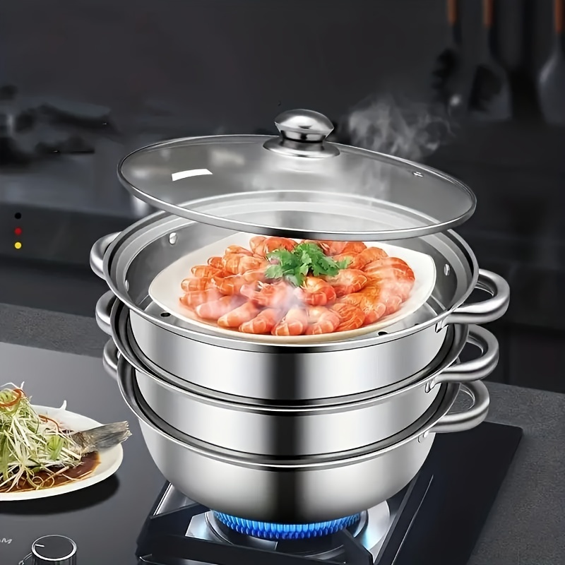 3 TIER INDUCTION HOB STAINLESS STEEL 24CM STEAMER POT PAN COOKER SET GLASS  LID