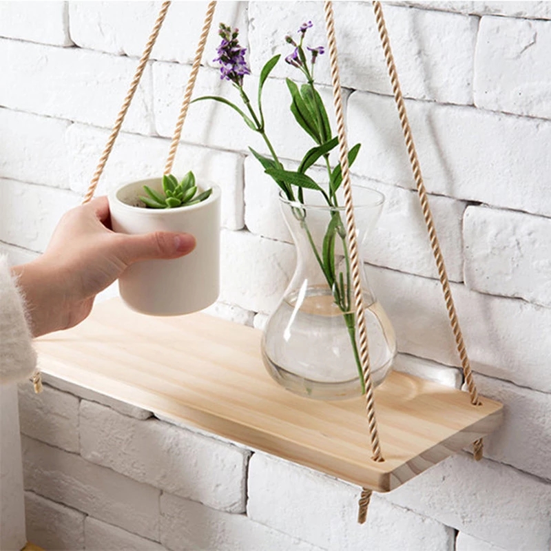 1pc Wood Swing Hanging Rope Plant Hanger Wall Mounted Floating Shelves  Design Flower Pot Tray For Home Wedding Decor Diy Wood Crafts, Shop On  Temu And start Saving